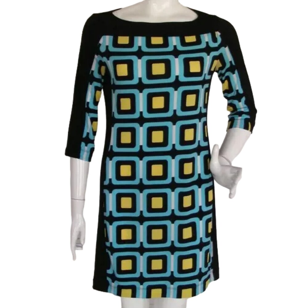 BANANA REPUBLIC Dress, S, Op-Art, 3/4 sleeve, Wide neck, Black, Blue, Yellow